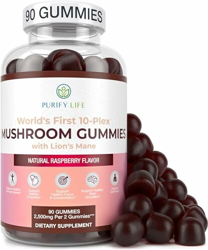 Bottle of mushroom gummies with lion's mane, raspberry flavor, 90 count.