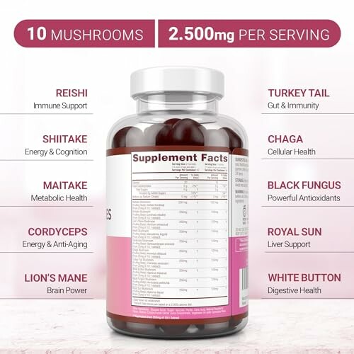 Supplement bottle with 10 mushroom types listed for health benefits.