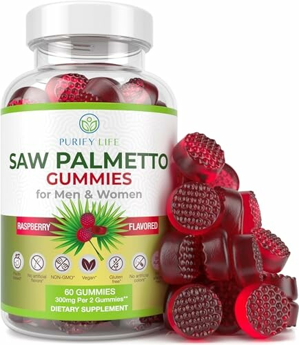 Bottle of saw palmetto gummies with a pile of gummies next to it.