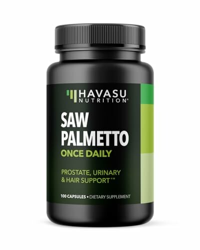 Saw Palmetto dietary supplement bottle for prostate, urinary, and hair support.