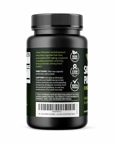 Saw Palmetto supplement bottle with label details.